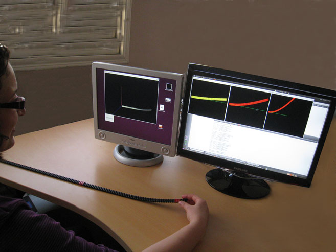 Using ArcheoTWIST, a user bends a deformable tape that is sensed by computing resources: the resulting deformation is mapped to the archeological fragment that is displayed on a monitor.